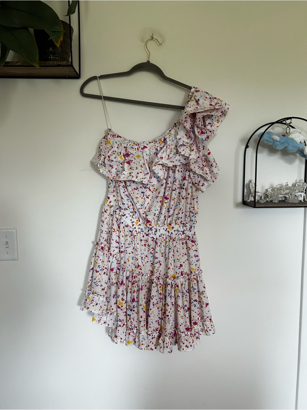 Buddy Love Sofia Rainbow Splatter Polka Dot One Shoulder Ruffle Mini Dress Large